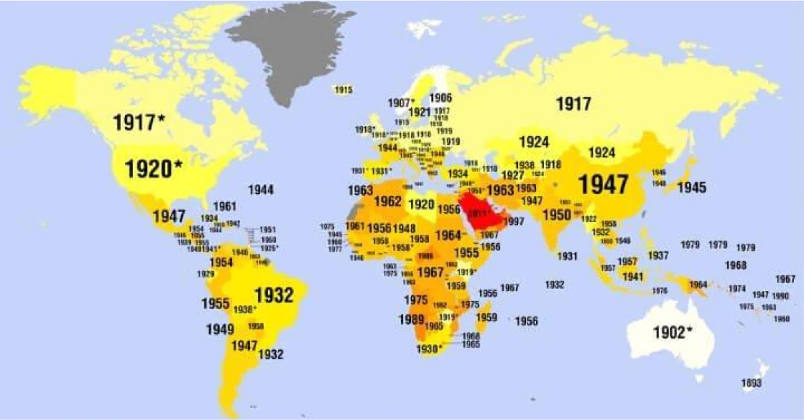 Image of a map showing the date of women's access to the vote for each country.